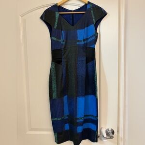 Karen Millen Blue and Black Sheath Dress V-Neck Midi